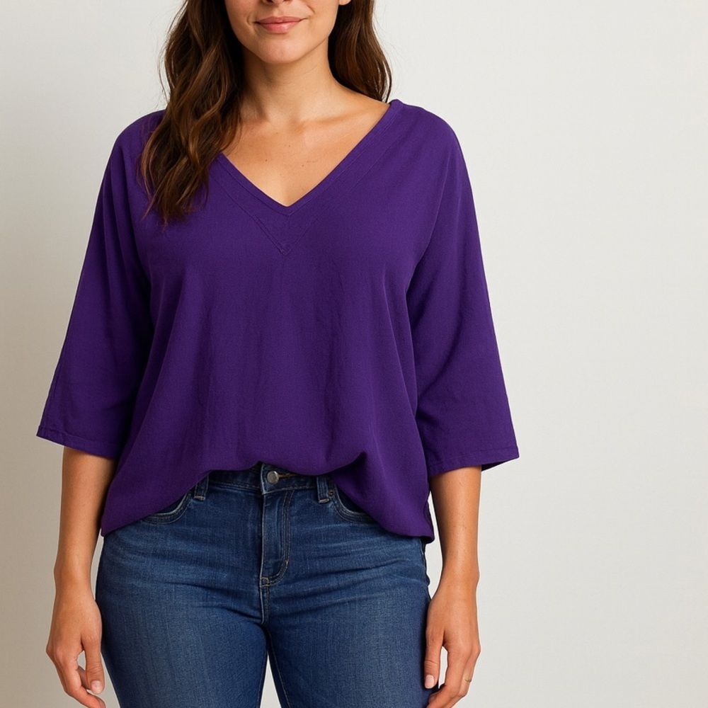 Oh My Gauze! Purple 100% Cotton V Neck 3/4 Sleeve Relaxed Top Size L/XL